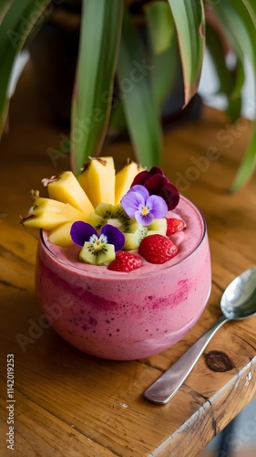 Tropical Smoothie Bowl with Edible Flowers and Fresh Fruits photo