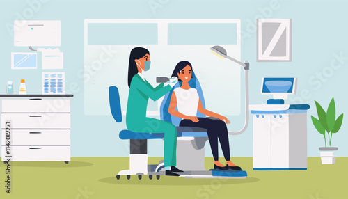 A woman is comfortably seated in a dental chair as a dentist carefully examines her teeth to ensure everything is in good health and condition