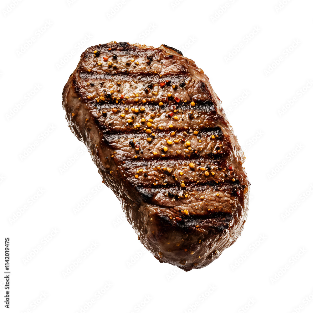 Grilled beef steak with black pepper seasoning isolated on white transparent background. Concept of steakhouse cuisine Grilled beef steak with black pepper seasoning isolated on white transparent background. Concept of steakhouse cuisine