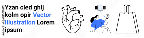 Diagram of human heart, person performing exercises with dumbbells, and shopping bag convey health, fitness, and shopping. Ideal for medical education, exercise tips, shopping guides, fitness