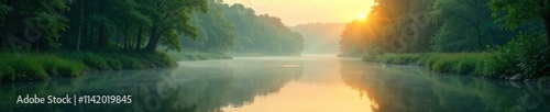 Misty dawn river scene with lush green vegetation and serene water reflection, serenity, forest river