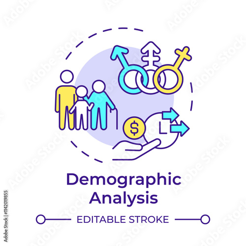 Demographic analysis multi color concept icon. Examining basic characteristics. Audience measurement. Round shape line illustration. Abstract idea. Graphic design. Easy to use in infographic