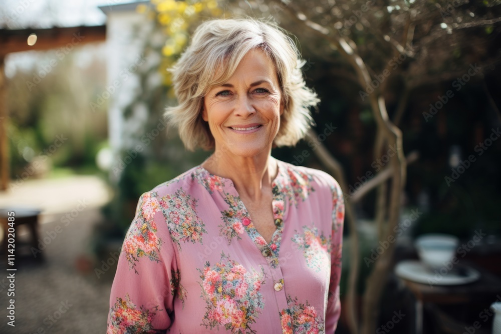 Portrait of a smiling senior woman standing in a restaurant terrace Portrait of a smiling senior woman standing in a restaurant terrace