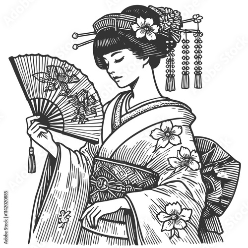  graceful geisha in traditional attire, adorned with flowers and hairpins, holding a decorative fansketch engraving generative ai vector illustration. Scratch board imitation. Black and white image.