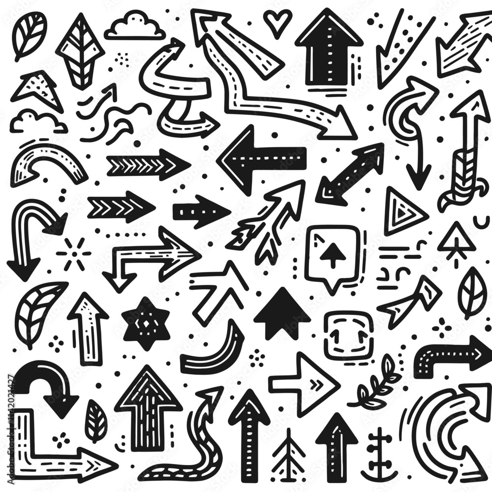 Fototapeta premium Set of black arrows doodle style outline vector
