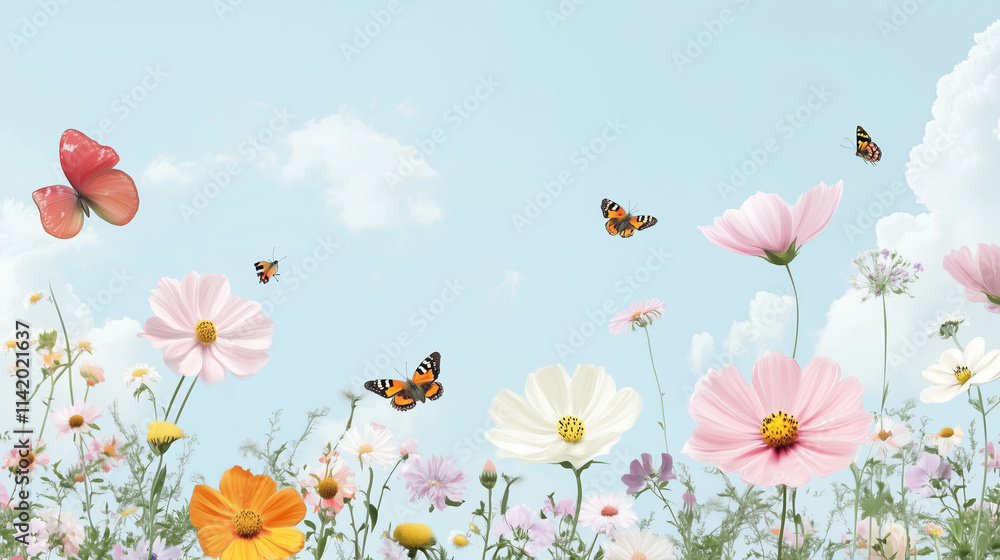 Colorful flower field with butterflies and bees during a sunny day in spring showcasing nature's beauty Colorful flower field with butterflies and bees during a sunny day in spring showcasing nature's beauty