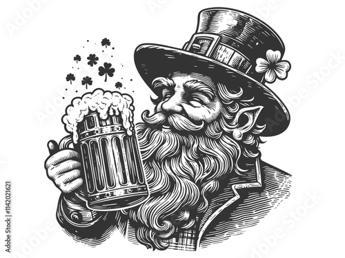 leprechaun holding a frothy beer mug, surrounded by shamrocks and gold coins, symbolizing luck and festivity sketch engraving generative ai vector illustration. Scratch board. Black and white image.