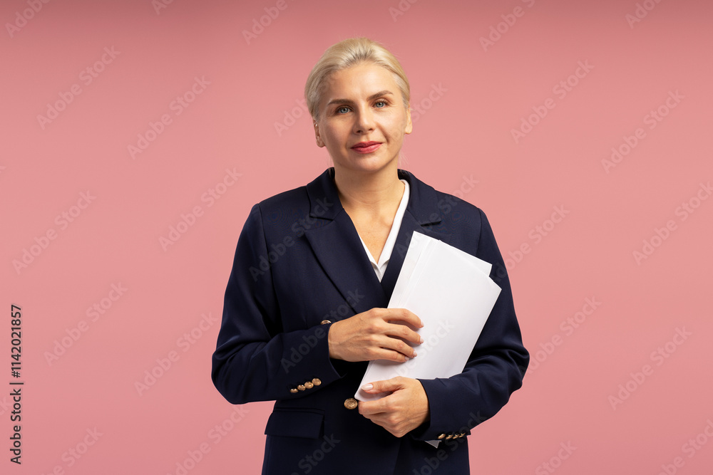 Confident businesswoman holding documents on pink background Confident businesswoman holding documents on pink background