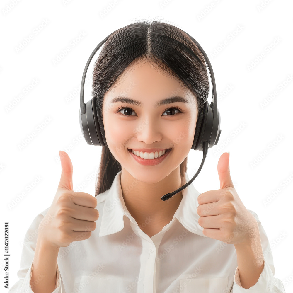 Positive Asian Call Center Woman Giving Thumbs Up for Customer Satisfaction on Transparent Background Positive Asian Call Center Woman Giving Thumbs Up for Customer Satisfaction on Transparent Background