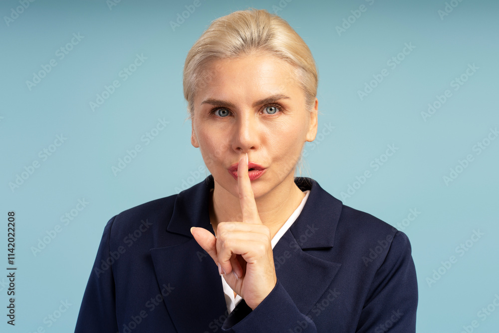 Businesswoman making silence gesture on blue background Businesswoman making silence gesture on blue background