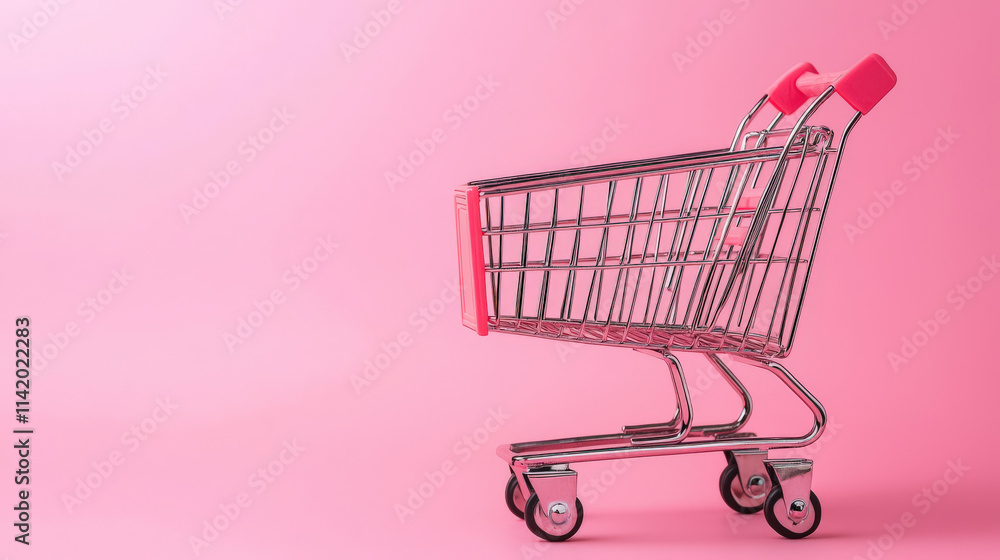 Shopping Cart in Bright Pink Background, Minimalist Composition, Perfect for Retail, E-commerce, and Marketing Concepts, Product Display, Modern Vibe Shopping Cart in Bright Pink Background, Minimalist Composition, Perfect for Retail, E-commerce, and Marketing Concepts, Product Display, Modern Vibe