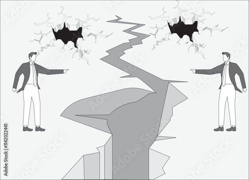 Two businessmen stand on opposite sides of ground crack and accuse each other, conflict contradiction and broken relationship
