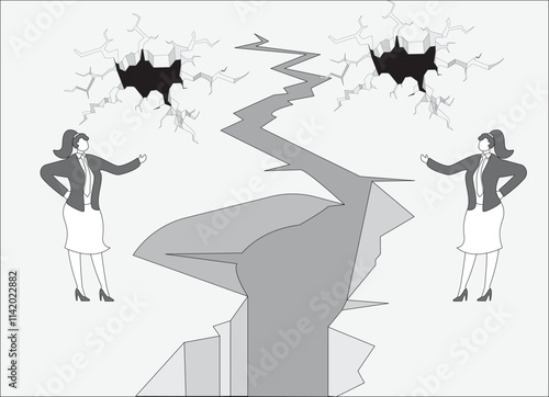 Two businesswomen stand on opposite sides of ground crack and accuse each other, conflict contradiction and broken relationship