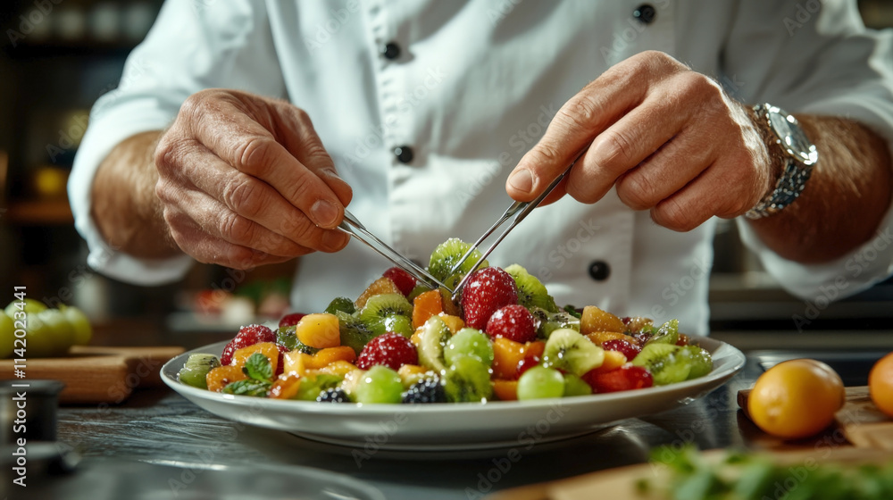 Chef garnishing fruit salad with tweezers in restaurant kitchen Chef garnishing fruit salad with tweezers in restaurant kitchen