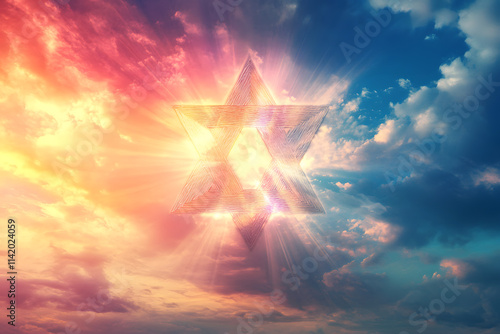  Glowing Star of David illuminated in a radiant sky with vibrant clouds, symbolizing faith, spirituality, divine connection, and the cultural heritage of Judaism photo