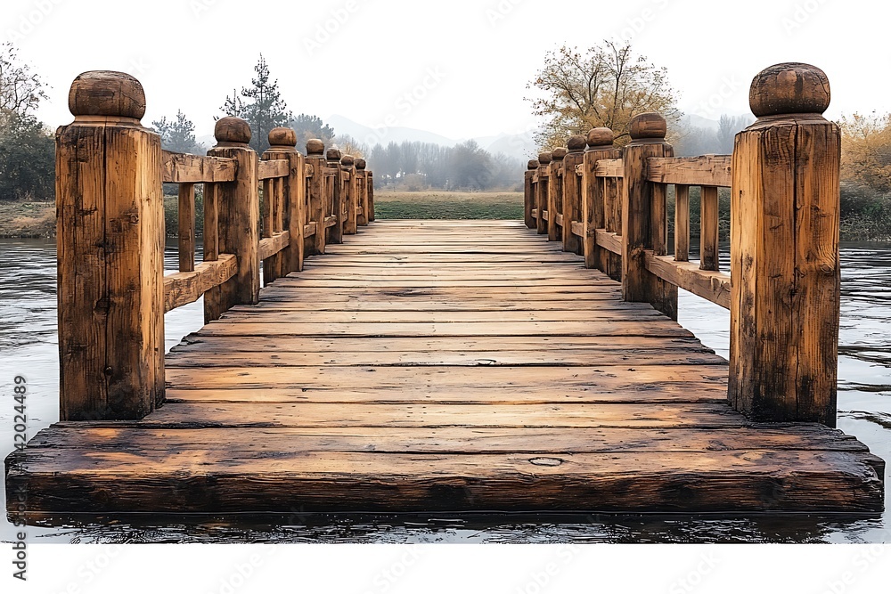 Fototapeta premium Tranquil wooden pier leading into a misty lake.