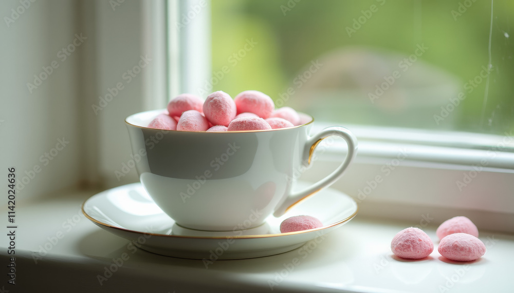 Delicate Pink Candies in a Tea Cup by the Window Delicate Pink Candies in a Tea Cup by the Window