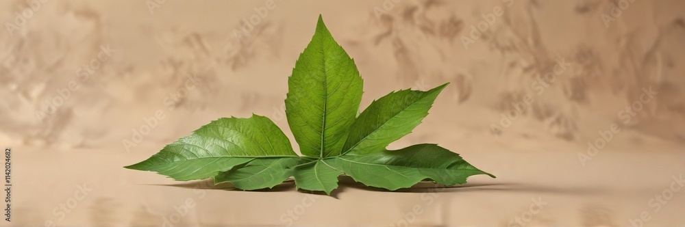 Obraz premium A single green leaf isolated on a light brown background, plant life, foliage