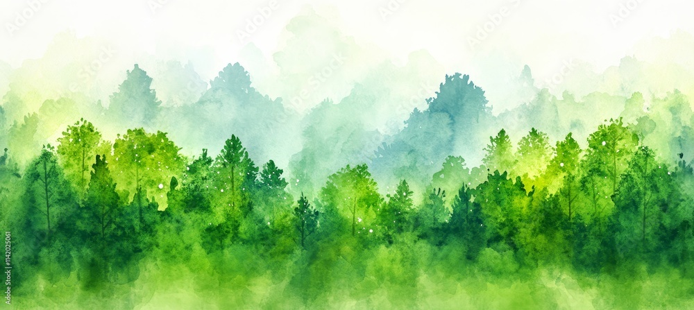 Fototapeta premium Misty Tranquil Forest, Soft Green Watercolor Landscape Painting with Ethereal Sunlight and Gradient