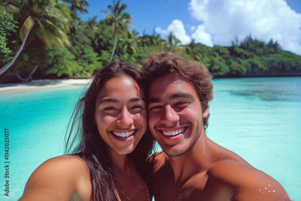 Young couple taking a selfie on a tropical beach, wide smiles and laughter, turquoise water and lush palm trees in the background, social media vacation moment. Young couple taking a selfie on a tropical beach, wide smiles and laughter, turquoise water and lush palm trees in the background, social media vacation moment.