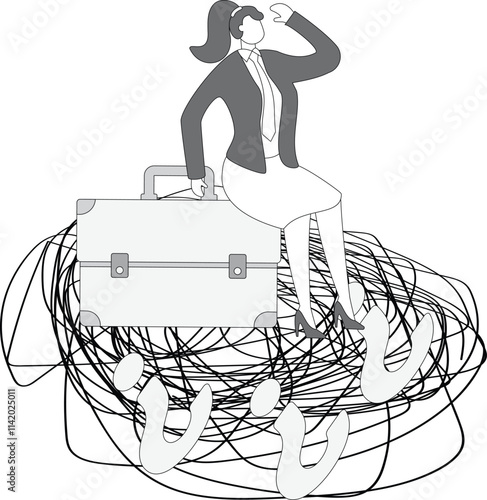 Question marks around businesswoman sitting on briefcase with questions and troubles