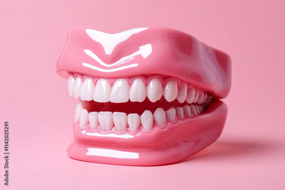 Naklejka premium Plastic anatomical model of human jaw showing healthy teeth and gums, promoting oral hygiene and dental care