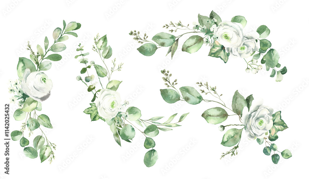 Watercolor Hand-painted Bouquets Set with Green Leaves, Winter Branches and White Roses. Watercolor Hand-painted Bouquets Set with Green Leaves, Winter Branches and White Roses.