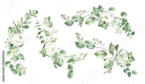 Wallpaper Mural Watercolor Hand-painted Bouquets Set with Green Leaves, Winter Branches  and White Roses. Torontodigital.ca