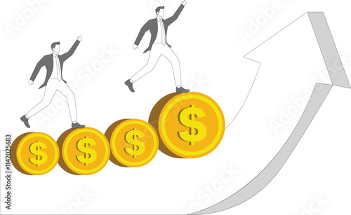 The concept of business growth, businessman walking upwards on bigger and bigger dollar gold coins