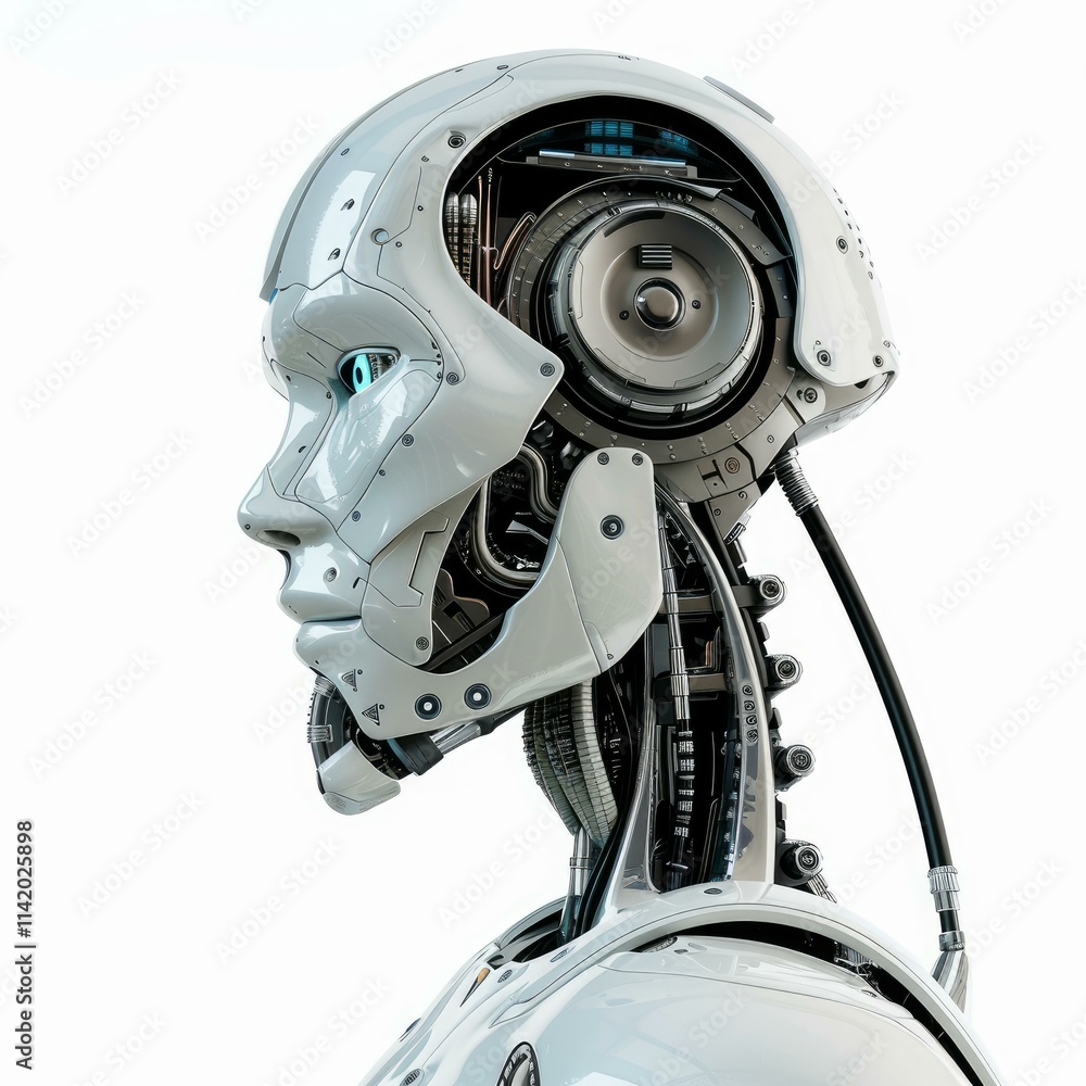 Fototapeta premium White robot head showing artificial intelligence posing on white background