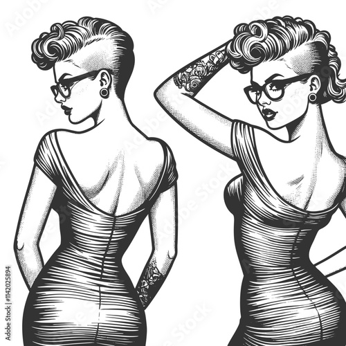 Stylish punk woman, mohawk and tattoos adjusting her glasses, alternative fashion sketch engraving generative ai fictional character vector illustration. Scratch board imitation. Black and white image