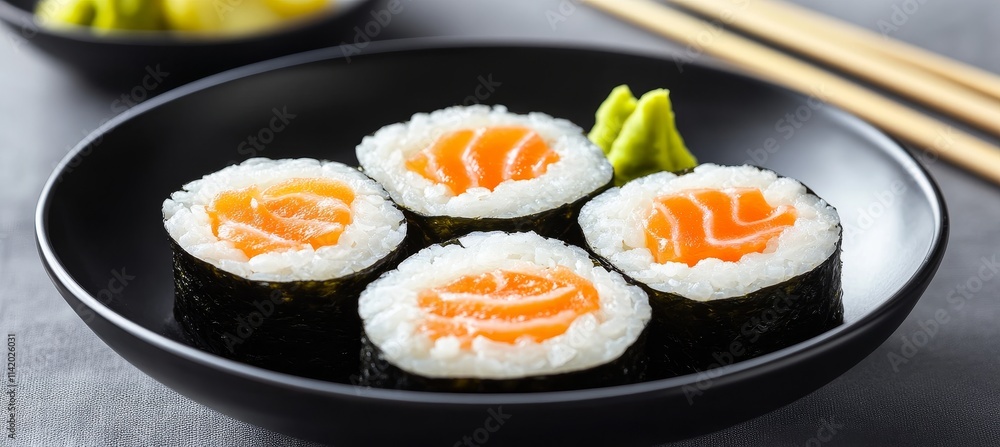 Fresh Salmon Nigiri Sushi on a Plate with Wasabi, Perfect for Culinary Articles and Food Blogs Fresh Salmon Nigiri Sushi on a Plate with Wasabi, Perfect for Culinary Articles and Food Blogs
