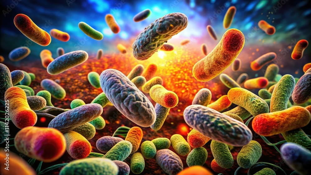 Naklejka premium Microscopic Listeria pathogens contaminate food, triggering outbreaks and serious healthcare concerns.