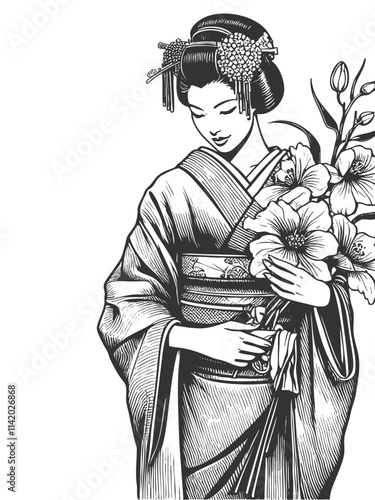 geisha in traditional kimono, surrounded by detailed blooming flowers and foliage sketch engraving generative ai fictional character vector illustration. Scratch board imitation. Black and white image