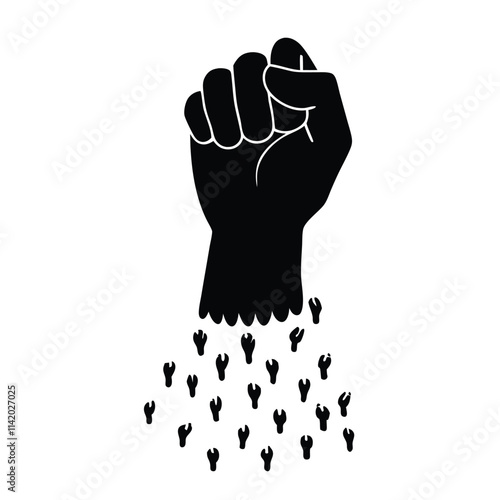 a black and white illustration of a large fist in the center. The fist is raised up in a fist-like gesture,