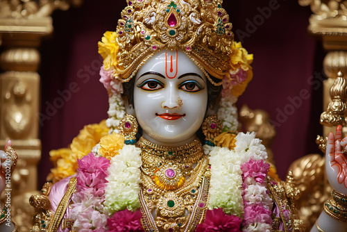 Exquisite statue of Lord Krishna adorned with intricate gold jewelry, colorful garlands, and a radiant crown, symbolizing divine love, beauty, and spirituality for devotional art lovers photo