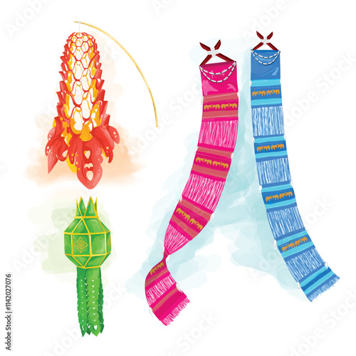 Lantern and Tung or a Lanna flag is a folk belief of northern Thailand. Watercolor Hand Drawing