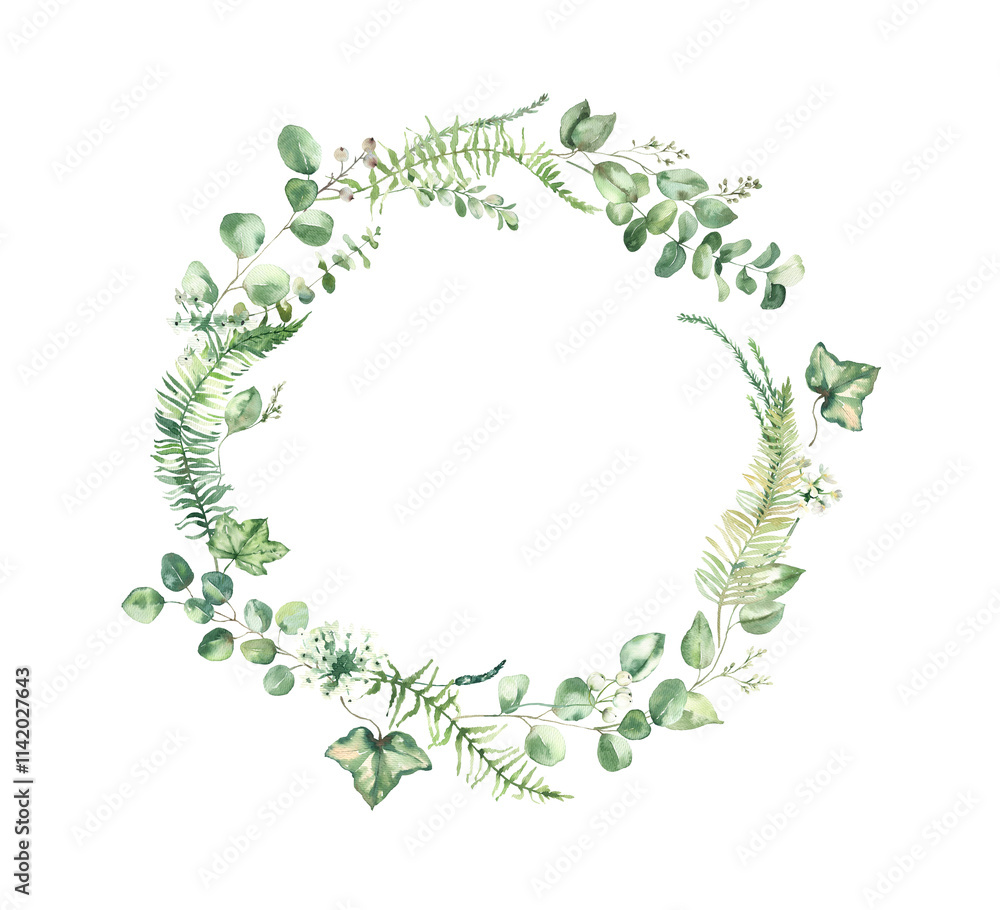 Watercolor Hand-painted Wreath with Green Leaves and White Roses. Watercolor Hand-painted Wreath with Green Leaves and White Roses.