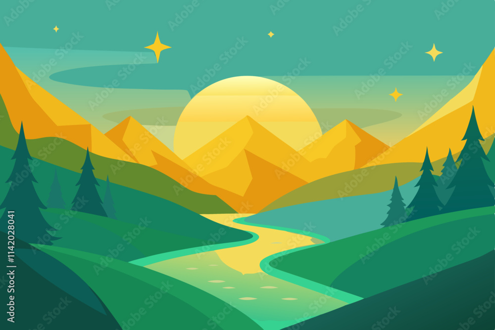 Beautiful River Flowing Through Green Hills Under Morning Sunlight Beautiful River Flowing Through Green Hills Under Morning Sunlight
