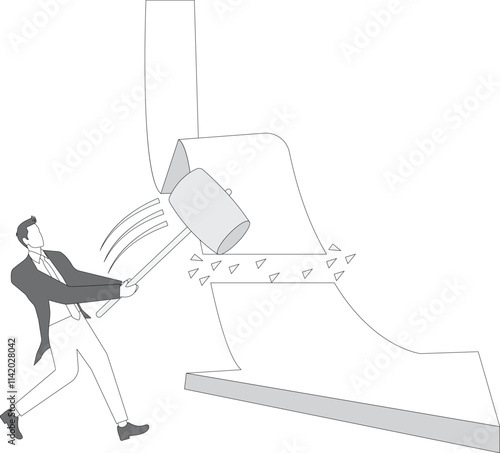 Businessman holding hammer destroys growing arrow, business concept illustration