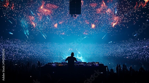 DJ performing at a massive concert with spectacular pyrotechnics and a large crowd.