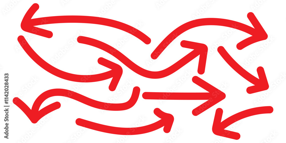 Set of simple lines hand drawn Red arrows in various style. Set of simple of hand drawn Red arrows. Set of simple lines hand drawn red arrows. Various of simple lines arrows collection