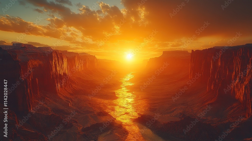 Fototapeta premium Fiery Sunset Over Canyon River: A Breathtaking Panorama