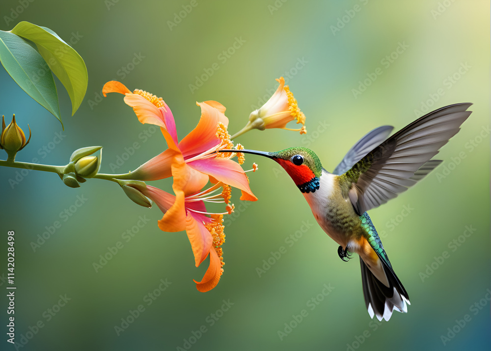 beautiful colorful hummingbird flying near bright orange flowers. Digital artwork. Ai generated
