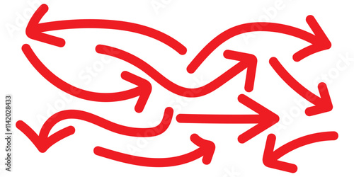 Set of simple lines hand drawn Red arrows in various style. Set of simple of hand drawn Red arrows. Set of simple lines hand drawn red arrows. Various of simple lines arrows collection