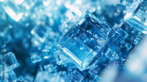 Close-up of intricate glass cubes in blue tones