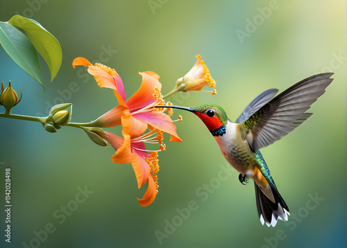 beautiful colorful hummingbird  flying near bright orange flowers.  Digital artwork. Ai generated