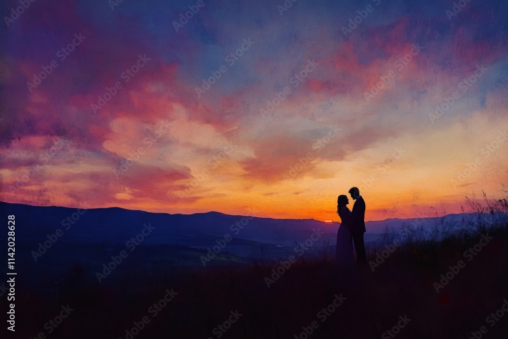 Silhouetted couple embracing on a hilltop, enjoying a romantic sunset over a picturesque landscape Silhouetted couple embracing on a hilltop, enjoying a romantic sunset over a picturesque landscape