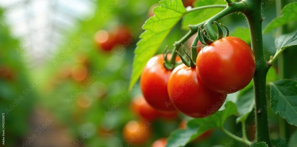 Juicy red tomatoes ripen on the vine in a warm greenhouse climate, grow, agriculture, harvest Juicy red tomatoes ripen on the vine in a warm greenhouse climate, grow, agriculture, harvest