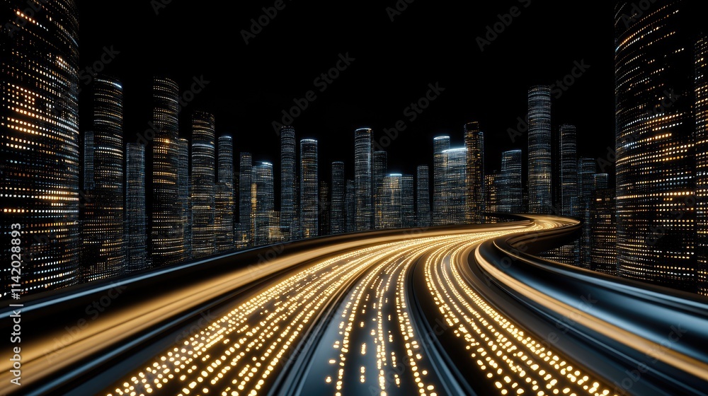 Obraz premium A swirling data stream emits vibrant yellow and orange light while creating a mesmerizing effect with depth-of-field and bokeh blur